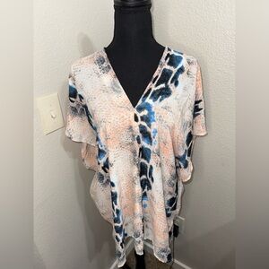 Adrienne‎ Blue and Peach Snake Skin Print Blouse- Size Medium